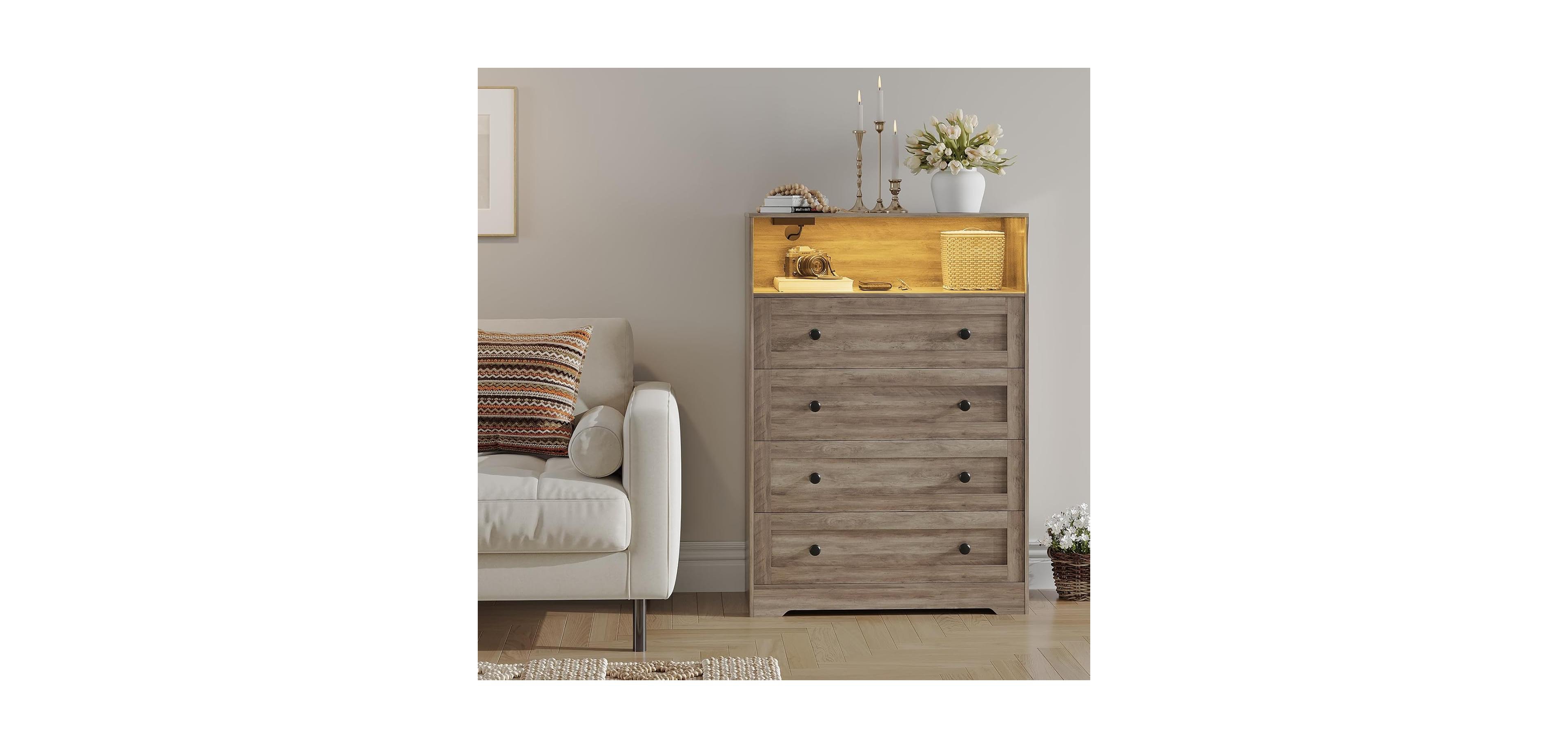 gaomon 4-Drawer Dresser with Charging Station & Led Light, Skinny Vertical Chest with Open Shelf, Bedroom Dresser for Closet