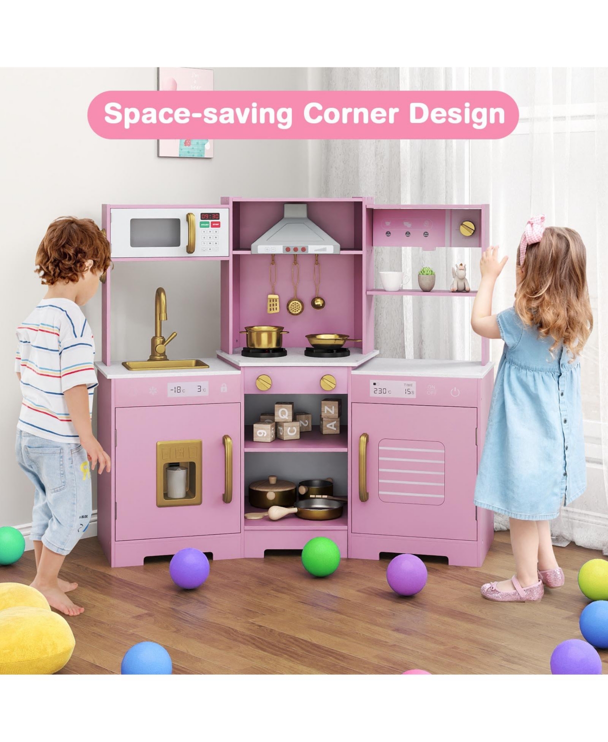 Mecale Pretend Play Kitchen Wooden Toy Set with Range Hood, Realistic Lights & Sounds