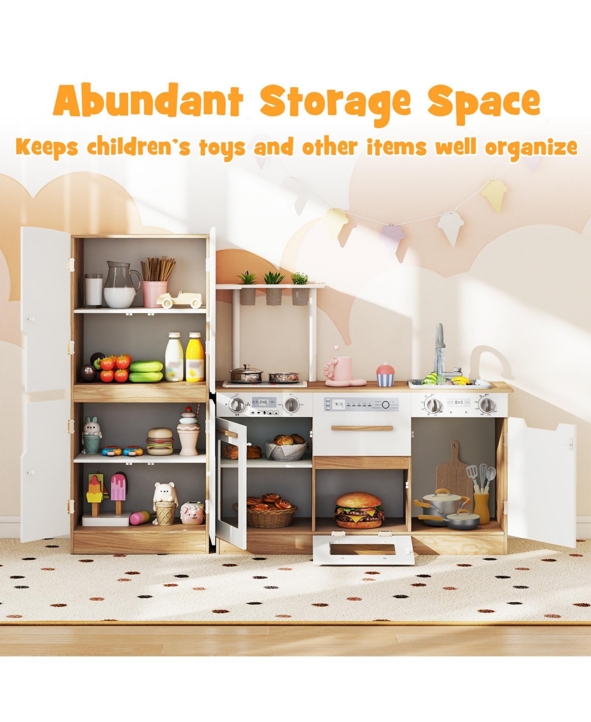 Mecale Wooden 2-Piece Kids Kitchen Playset with Fridge & Running Water for Interactive Play