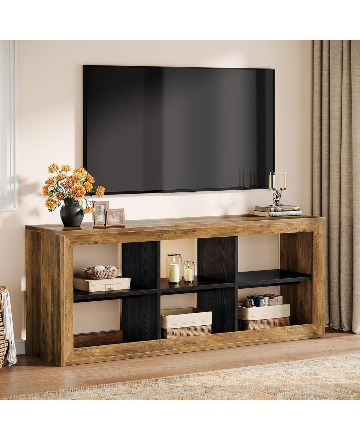 Tribesigns 63" Tv Stand for Up to 70 Inch Tvs, Farmhouse Entertainment Center with 6 Open Storage Cubes, Wooden Media Console TV