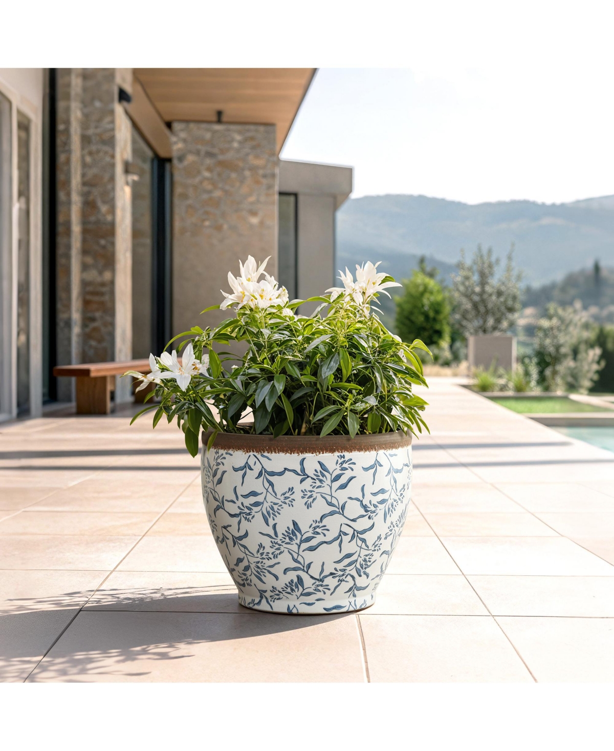 LuxenHome Floral Ceramic Planter, 15.16" Round, Indoor & Outdoor Garden Pot