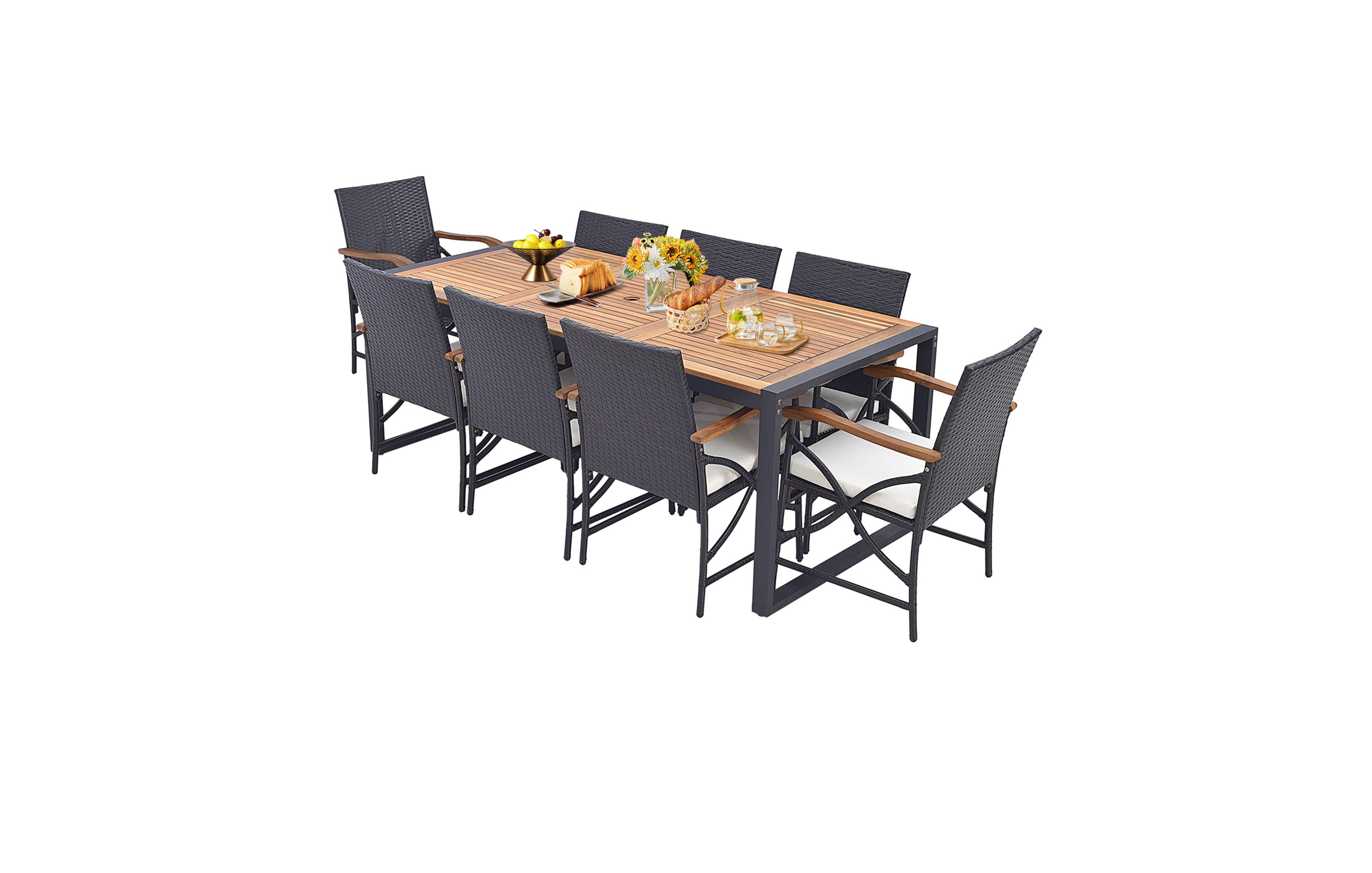 Gymax 9 Pcs Patio Rattan Dining Set w/ Acacia Wood Table 1.9'' Umbrella Hole