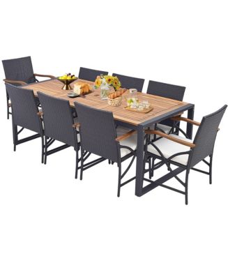 Gymax 9 PCS Patio Rattan Dining Set w/ Acacia Wood Table 1.9'' Umbrella ...