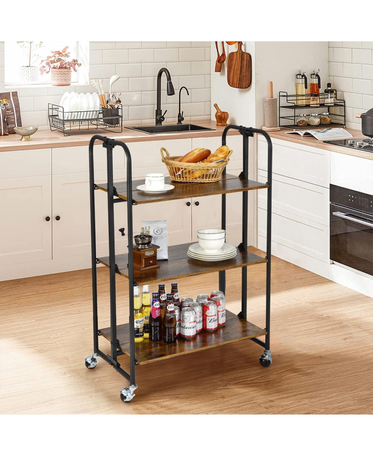 Volenca Folding Rolling Kitchen Utility Cart, Serving Island with Storage Shelves
