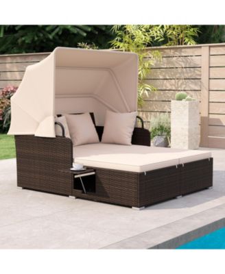 Patio Rattan Daybed Lounge Retractable Top Canopy Side Tables Cushions for Outdoor