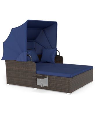 Patio Rattan Daybed Lounge Retractable Top Canopy Side Tables Cushions for Outdoor