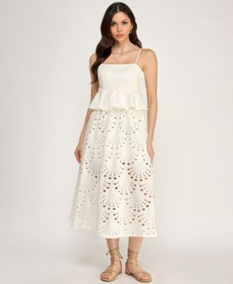 Juniors' Peplum Square Neck Top and Attached Eyelet Midi Skirt, 2-Piece Set