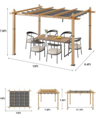 10x13 ft Outdoor Aluminum Pergola with Retractable Canopy, Faux Wood Grain Patio Gazebo, Backyard Deck
