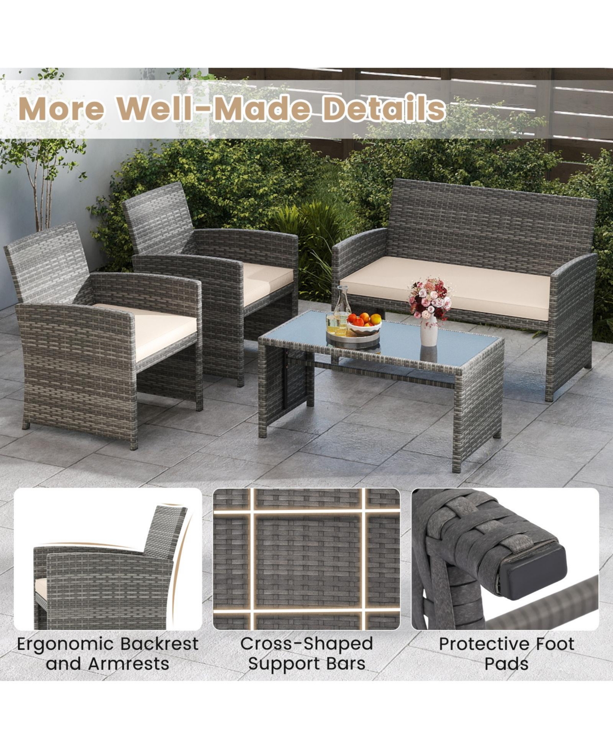 Gymax 4PCS Patio Outdoor Conversation Set w/Seat Cushions & Tempered Glass Tabletop