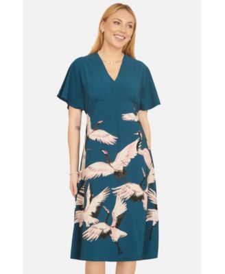 Women's Crane Print Kimono Midi Dress