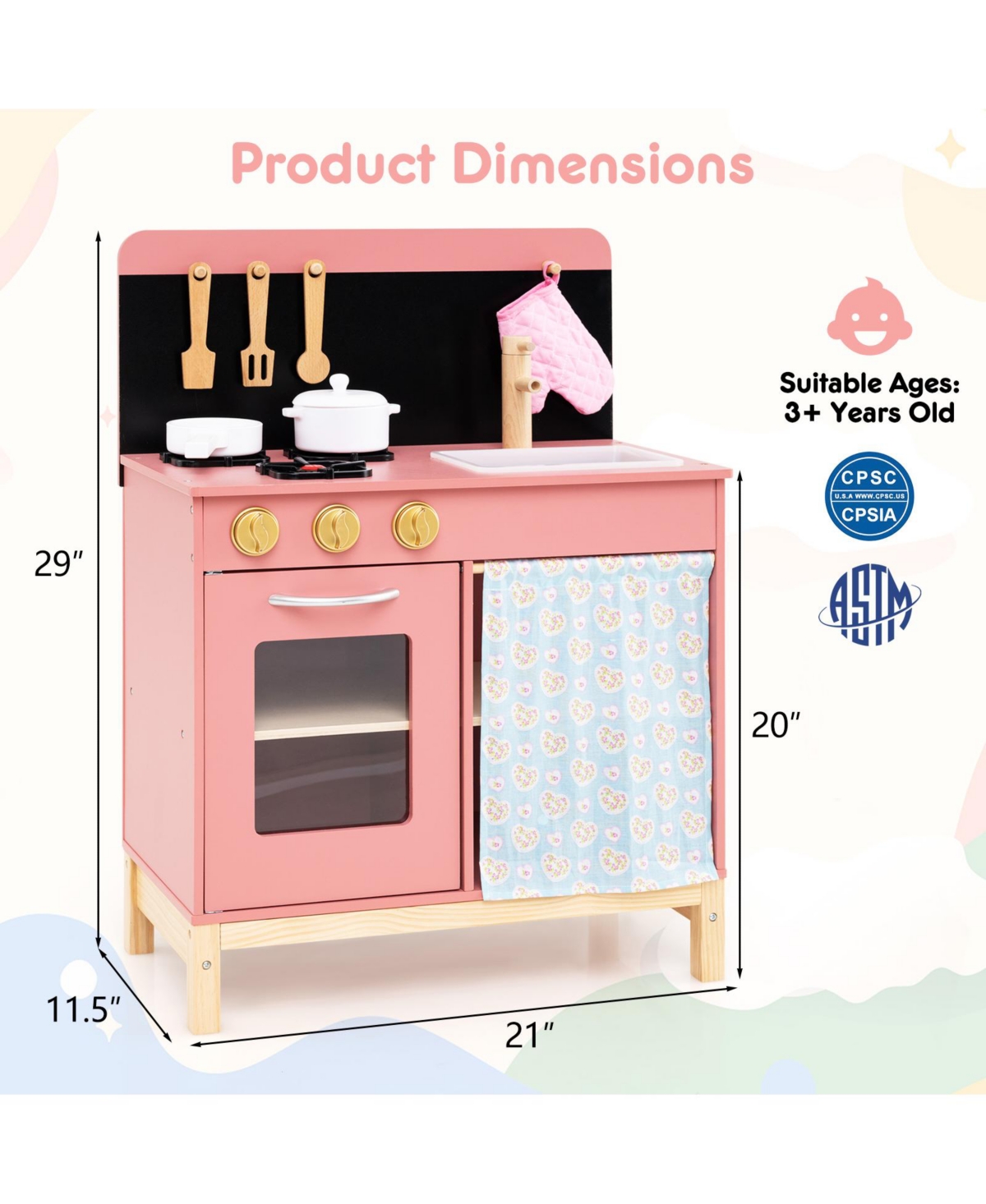 Mecale Play Kitchen for Kids, Wooden Kitchen Playset with Door Curtain for Role-Playing Fun