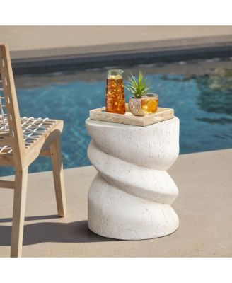 Distressed Round Spiral Outdoor Side Table, 19” MgO Patio Accent