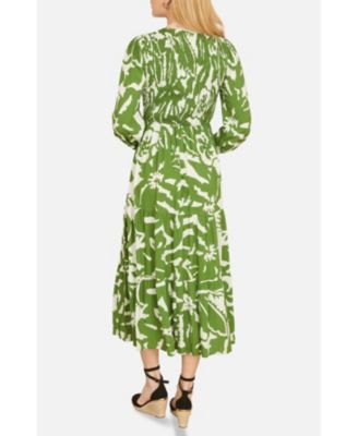 Women's Abstract Print Ruched V-Neck Midi Dress