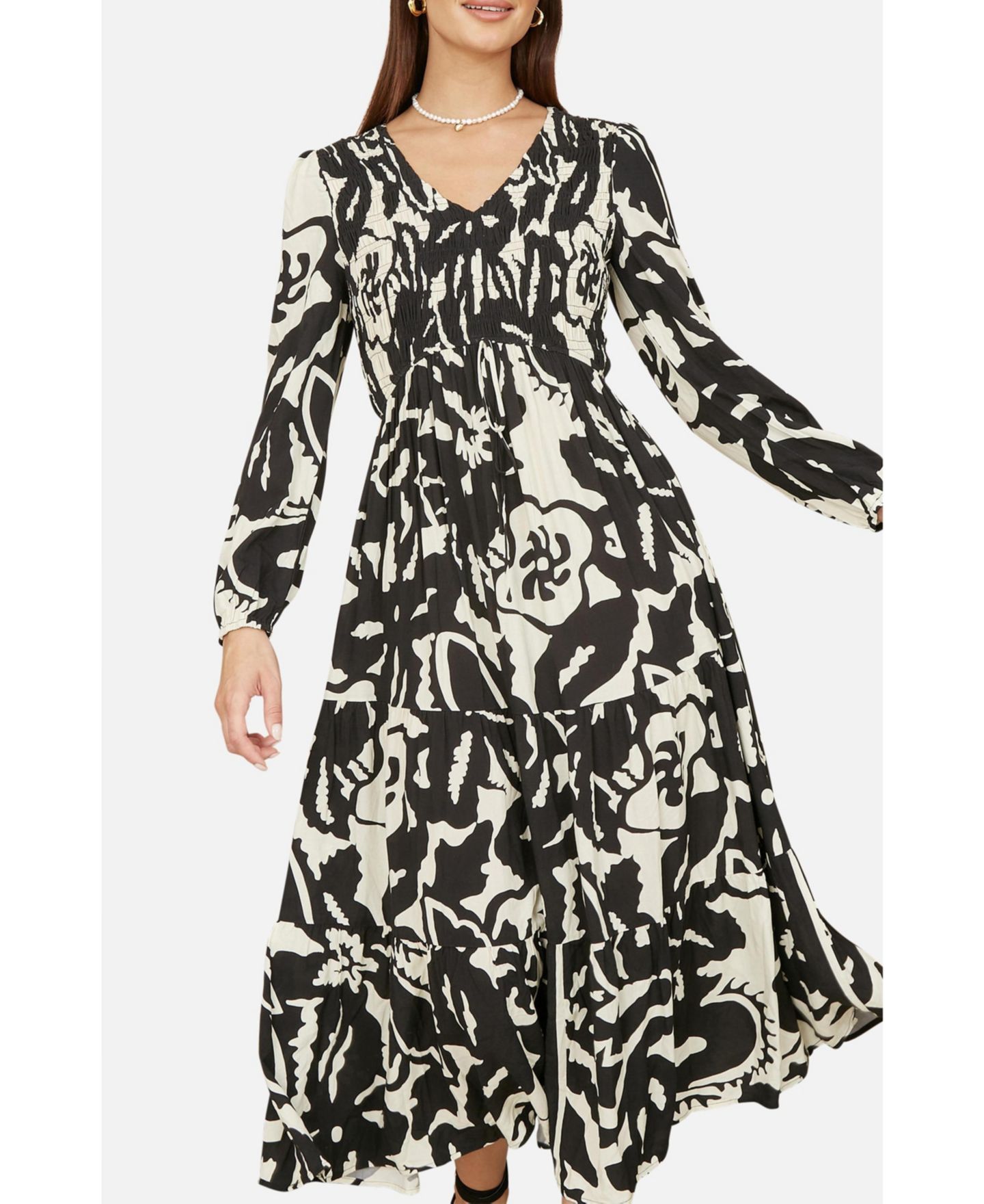 Женское платье Yumi Abstract Print Ruched V-Neck Midi, цвет: Чёрный — фото 8