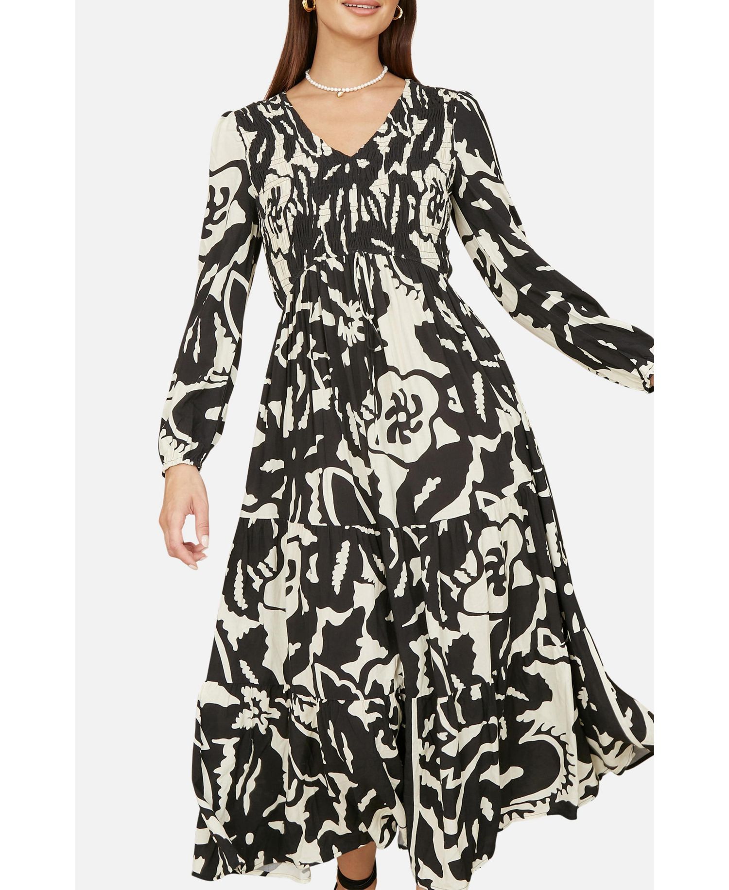 Women's Abstract Print Ruched V-Neck Midi Dress