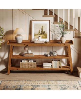 3-Tier Solid Wood Console Table with X-Shaped Frame, 63-Inch Farmhouse Entryway Table, Sofa Console Behind Couch