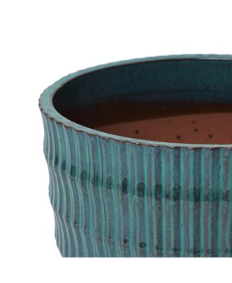Boho Coastal Ceramic Planter, Tall Pot with Ribbed Texture & Weathered Finish