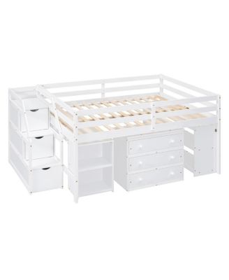 Full Size Loft Bed with Desk, Storage Stairs & Shelves