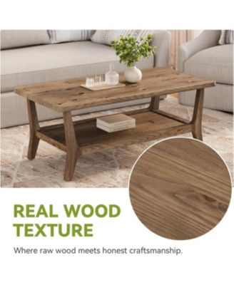 Solid Wood Coffee Table, 47-Inch Living Room Center Table with Shelf, 2-Tier, Smooth Corners, Child-Friendly, Easy Assembly