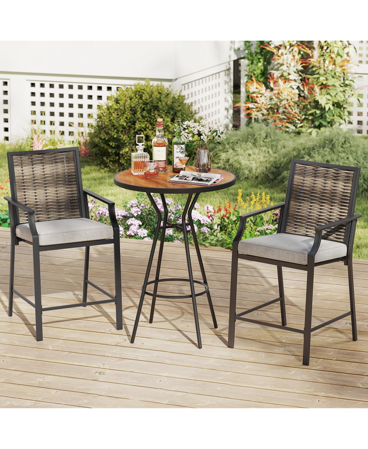Gymax Patio Bar Stools Set of 2 w/ Armrest Fabric Seat & Heavy-Duty Metal Frame