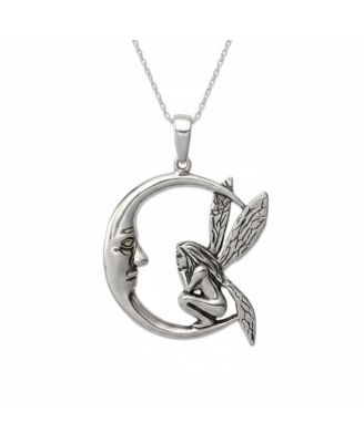 Sterling Silver Large Antiqued Moon and Fairy Necklace