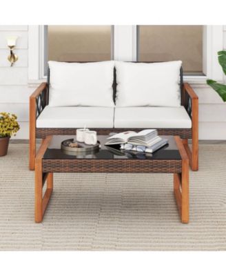2 Pieces Patio PE Wicker Furniture Set Outdoor Acacia Wood Loveseat for Porch
