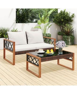 2 Pieces Patio PE Wicker Furniture Set Outdoor Acacia Wood Loveseat for Porch