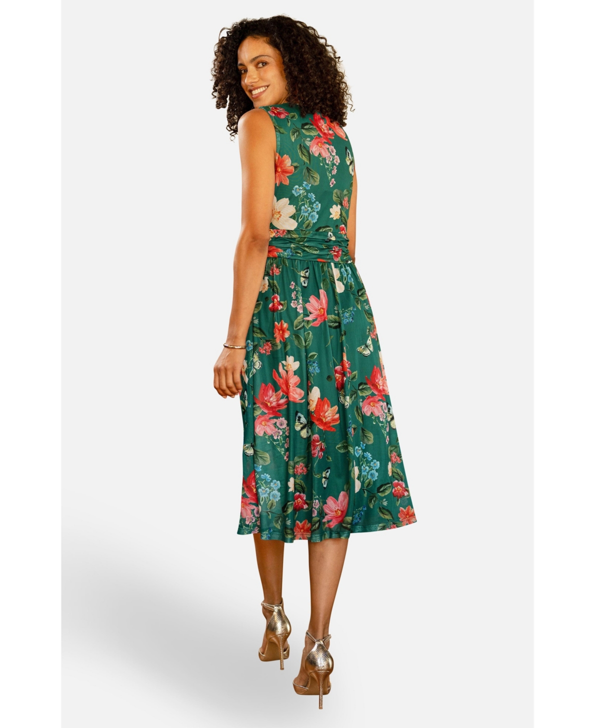 Yumi Women's Floral Print Mesh Stretch Midi Dress