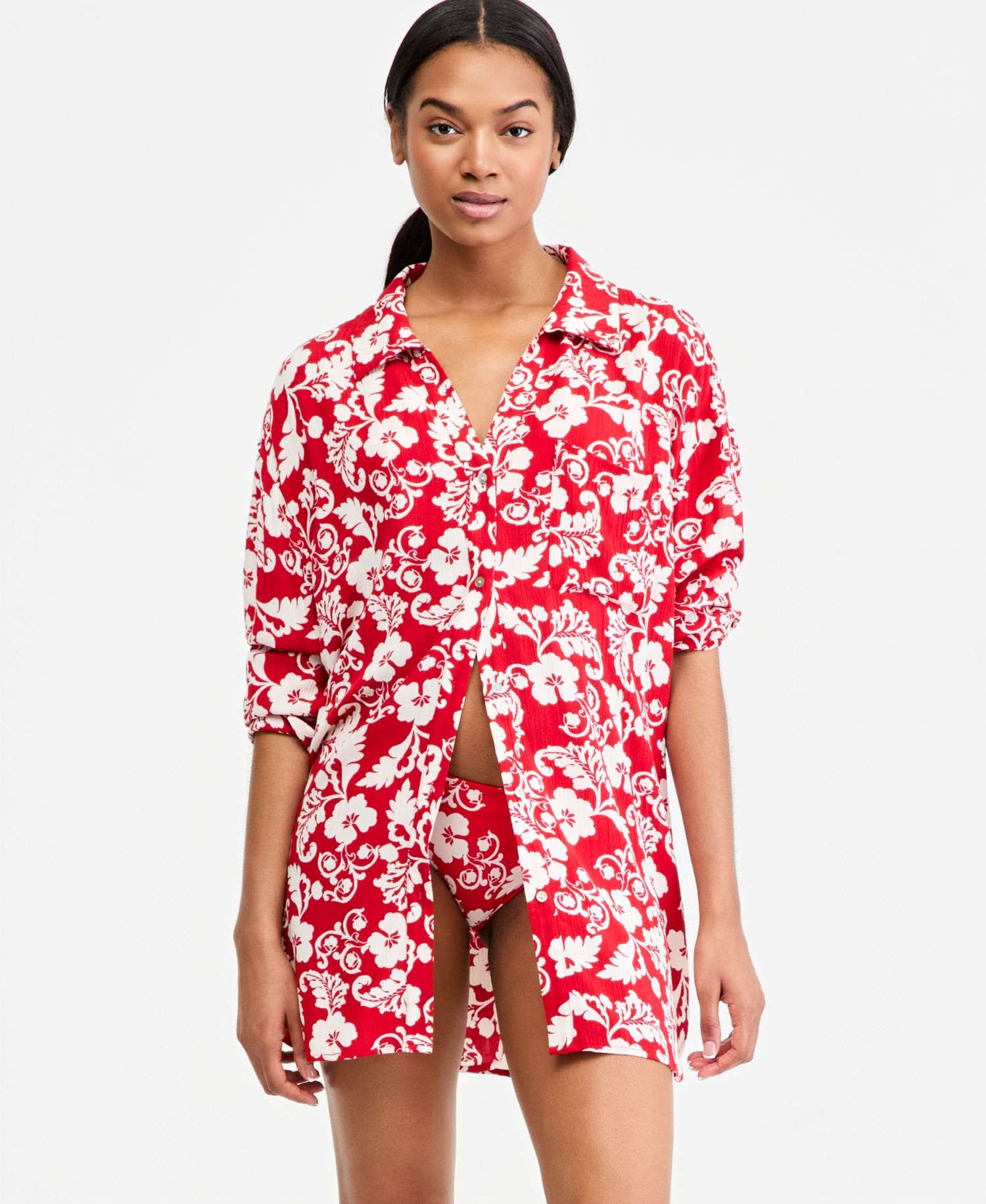 Juniors' Days Of Summer Long-Sleeve Button-Up Cover-Up Shirt