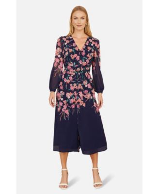 Women's Belted Floral Midi Dress