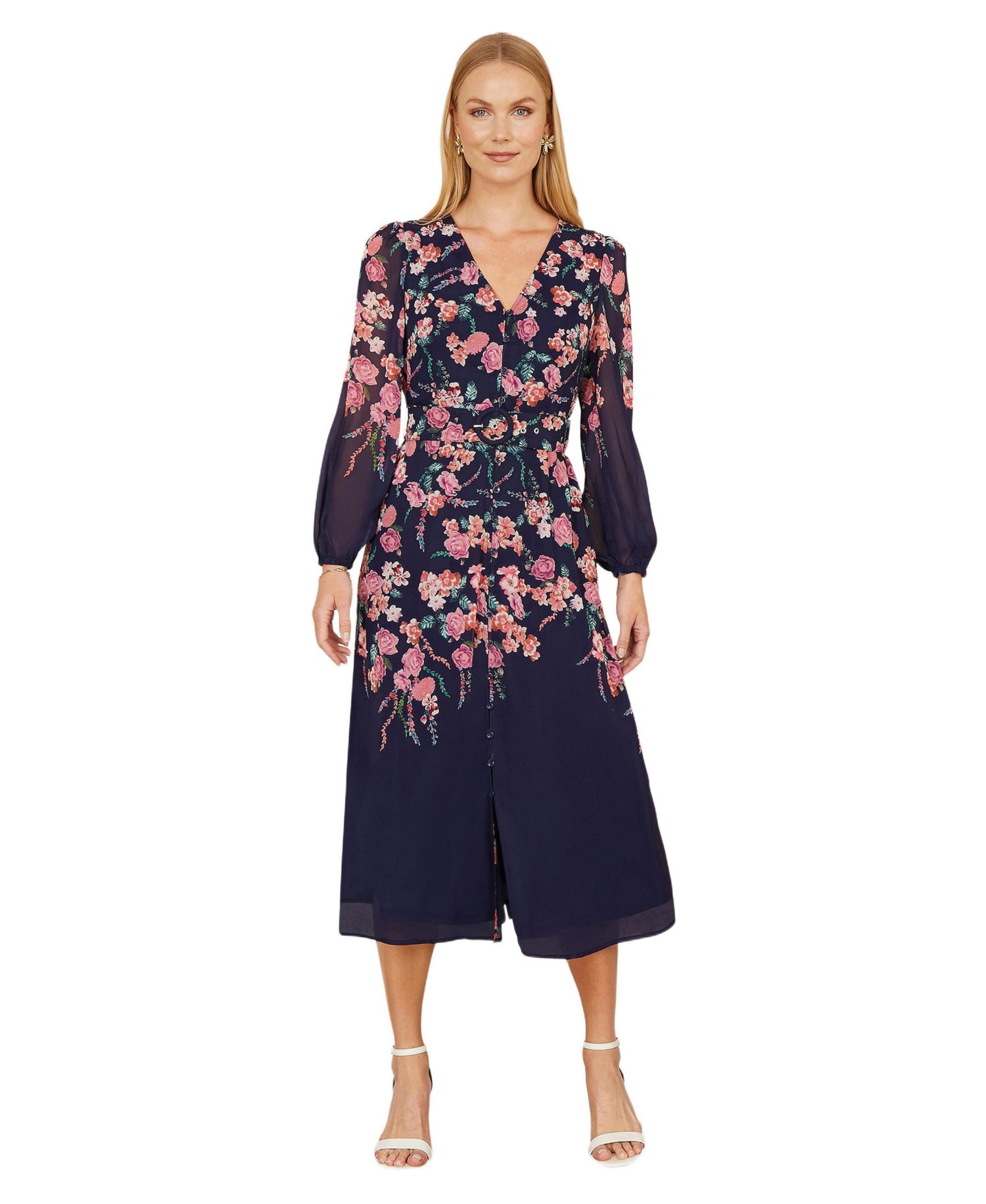 Women's Belted Floral Midi Dress
