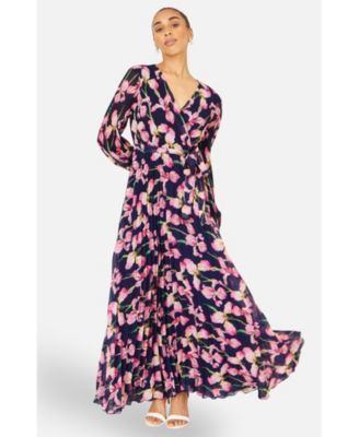 Women's Orchid Floral Pleated Wrap Maxi Dress