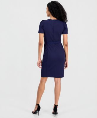 Women's Belted Puff-Sleeve Sheath Dress