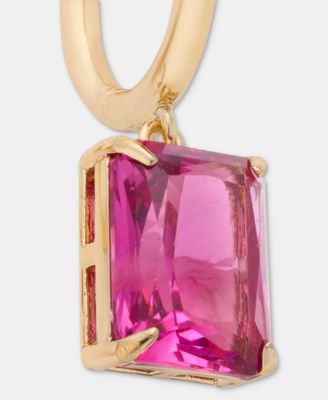 Gold-Tone Fuchsia Stone Huggie Drop Earrings 