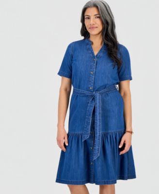 Petite Denim Tiered Midi Dress