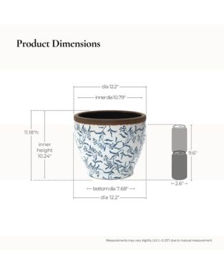 Blue Floral Ceramic Planter, 12.2" Round, Indoor & Outdoor Garden Pot