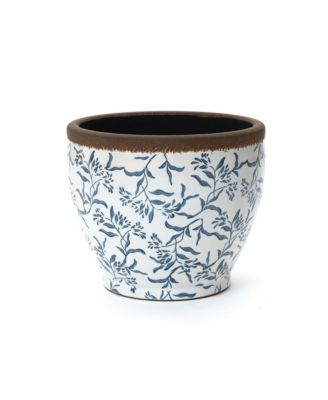 Blue Floral Ceramic Planter, 12.2" Round, Indoor & Outdoor Garden Pot