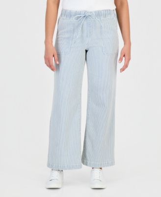 Petite Engineer-Stripe Pull-On Wide-Leg Jeans