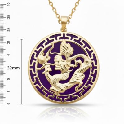 14k Onyx Dyed Jade Dragon Key Circle Necklace 26mm x 32mm Pendant Necklace