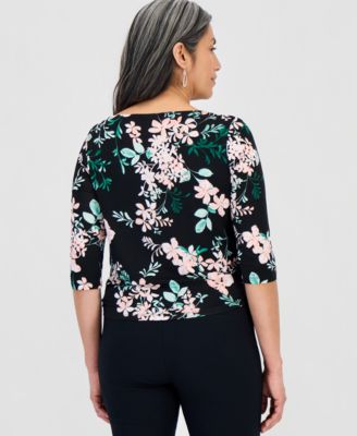Petite Printed Asymmetric Twist-Front Top