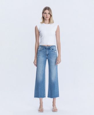 Women's High Rise Raw Hem Crop Slim Wide Leg Jeans