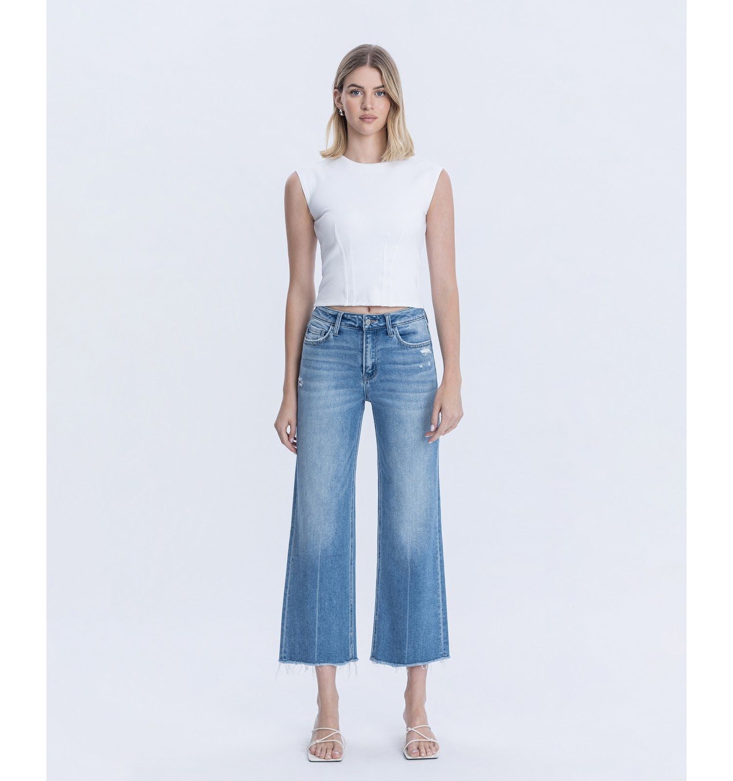 Women's High Rise Raw Hem Crop Slim Wide Leg Jeans