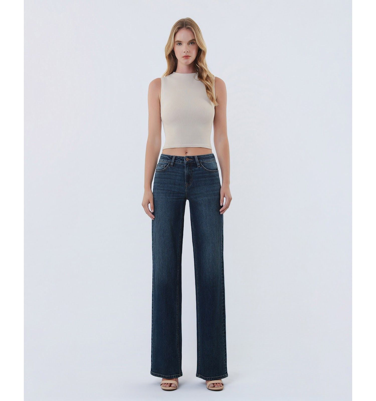 Women's Mid Rise Full Length Wide Leg Jeans