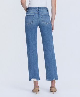 Women's High Rise Back Distressed Hem Ankle Straight Jeans