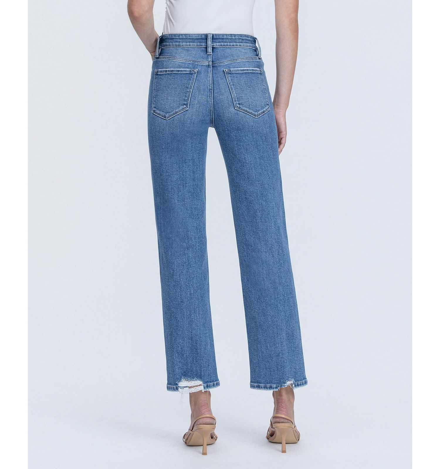 Women's High Rise Back Distressed Hem Ankle Straight Jeans