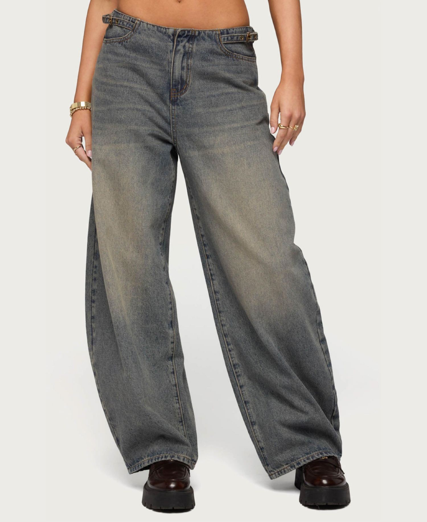 Women's Side Belt Low Rise Barrel Jeans