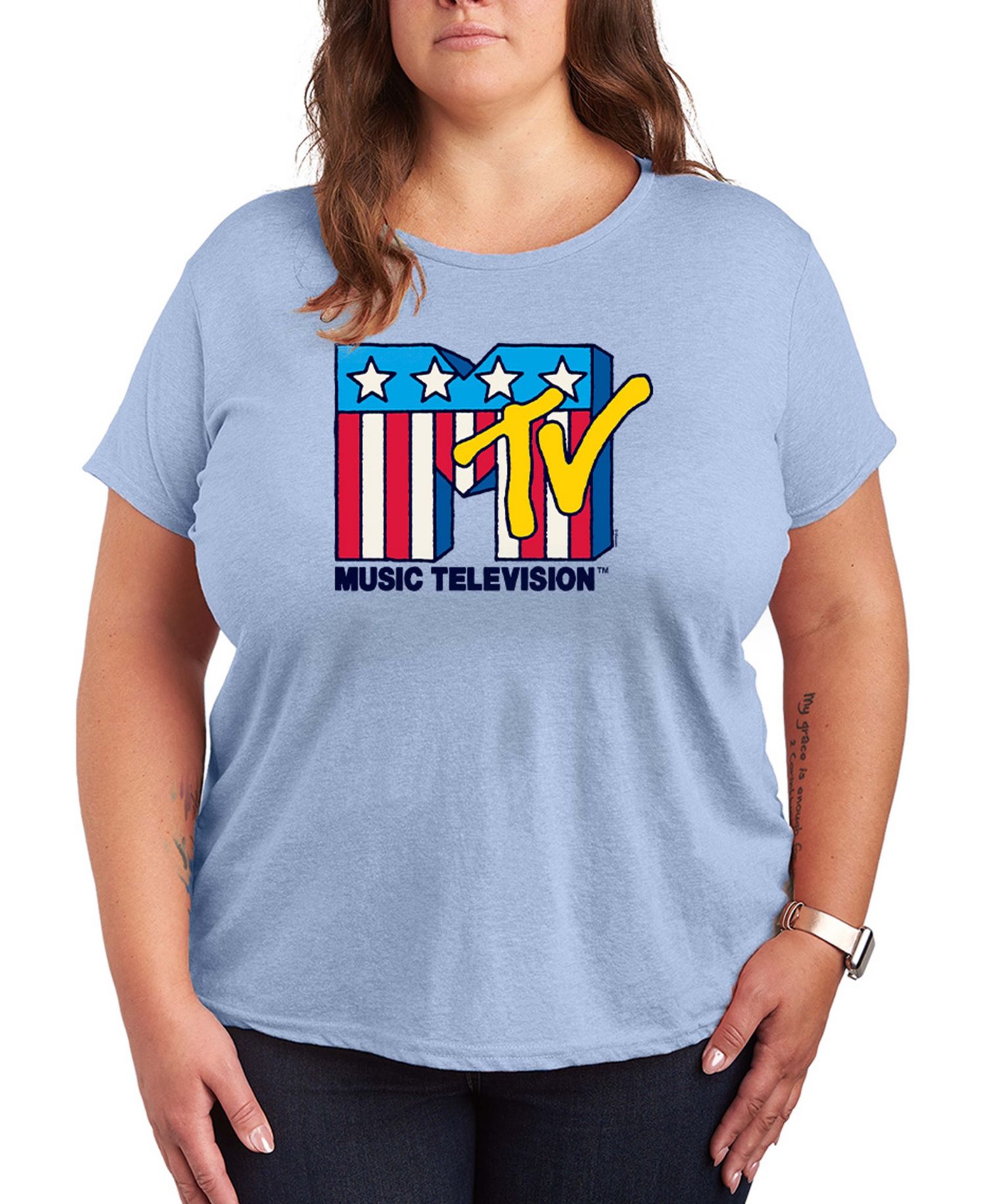 Plus Size MTV USA Flag Logo Graphic Crewneck T-Shirt
