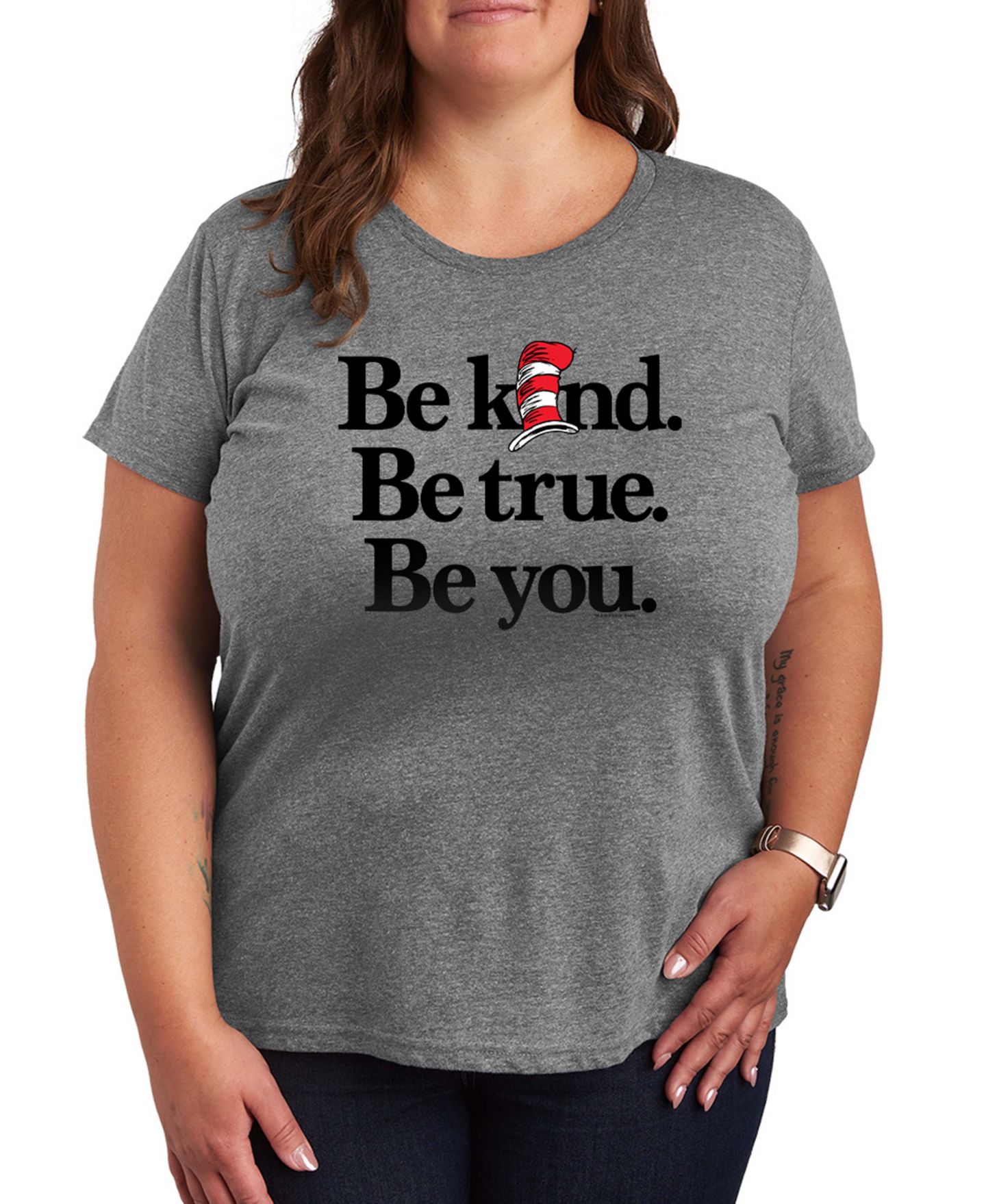 Женская футболка Hybrid Apparel Plus Size Dr. Seuss Cat In The Hat Be You Printed Crewneck, цвет: Меланжевый серый — фото 1