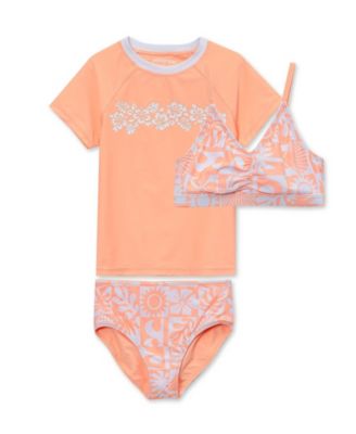 Girls Chlorine Resistant Short Sleeve Rash Guard 3 Piece Swimsuit Set