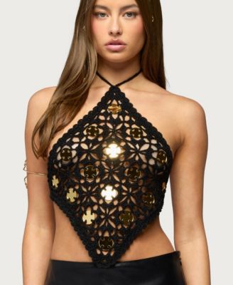 Women's Gold Mirror Backless Crochet Halter Top